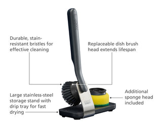Joseph Joseph SinkTech Dish brush and sponge set with large stainless-steel storage stand