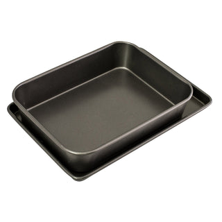 Bakemaster Bakeware Twin Pack (Roasting Pan/Oven Tray), 34 X 26 X 7Cm & 39 X 27 X 2Cm - Non-Stick